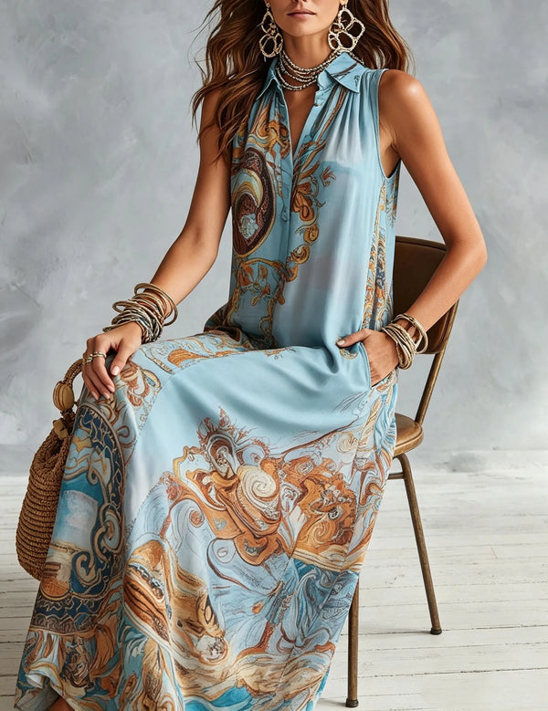 Floor-length button-front dress featuring retro aesthetic and elegant vest styling