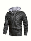 Sleek men's PU leather biker jacket with detachable hood, slim fit, ideal for autumn and winter, stylish and windproof.