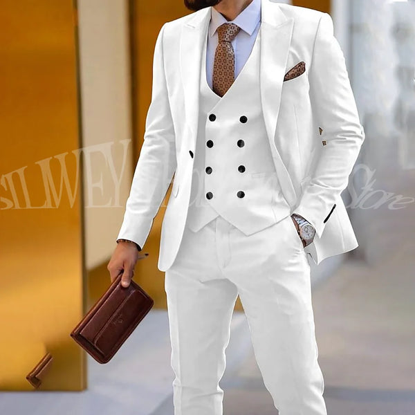 Elegant men's 3-piece wedding suit set in slim fit, featuring peak lapel jacket, vest, and trousers for formal events.