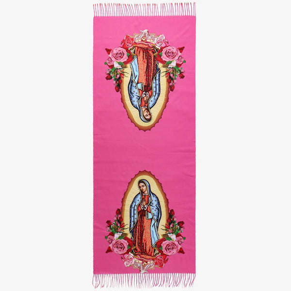 Soft polyester wrap with tassels, showcasing the Virgin Mary for a cozy winter look.