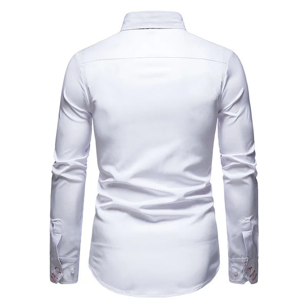 Classic Men's White Long Sleeve Polo Shirt with stand collar, single-breasted closure, perfect for business casual and all se