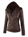 Chic hooded faux leather jacket for women in black, perfect for autumn and winter, featuring a detachable hood and zip-up clo