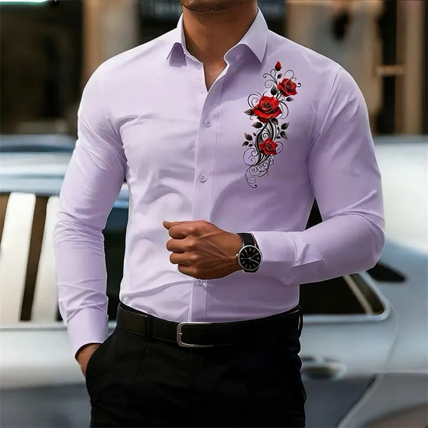 Long-sleeved shirt with romantic vintage red rose floral design