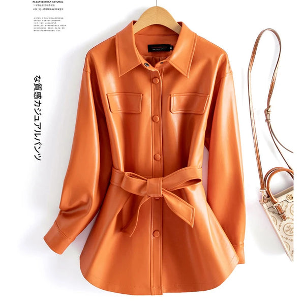 Chic women's sheepskin leather jacket with turn-down collar, lace-up belt, and adjustable waist for a stylish fit.