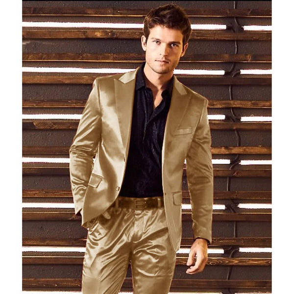 Flat-front pants of the men's satin suit, featuring a hidden zipper fly for a seamless look.