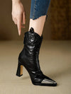 Modern high heel ankle boots in mirror-finish patent with square toe shape