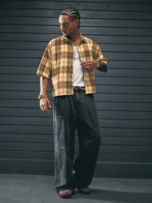 Bright yellow checkered casual shirt for men featuring breathable polyester fabric