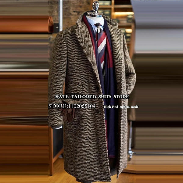 Classic men's brown herringbone trench coat with notched collar and single-breasted design.