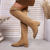 Chic over-the-knee women's winter boots with flannel upper, pointed toe, square heel, and slip-on design for cold weather.