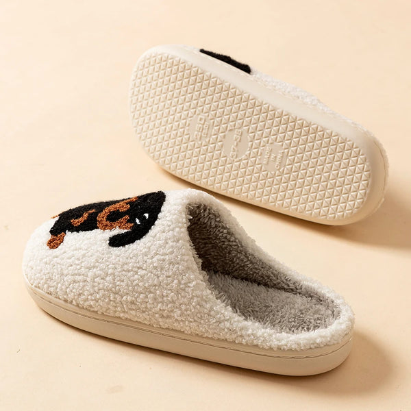 Soft plush dog companion slippers with low platform and breathable cotton construction