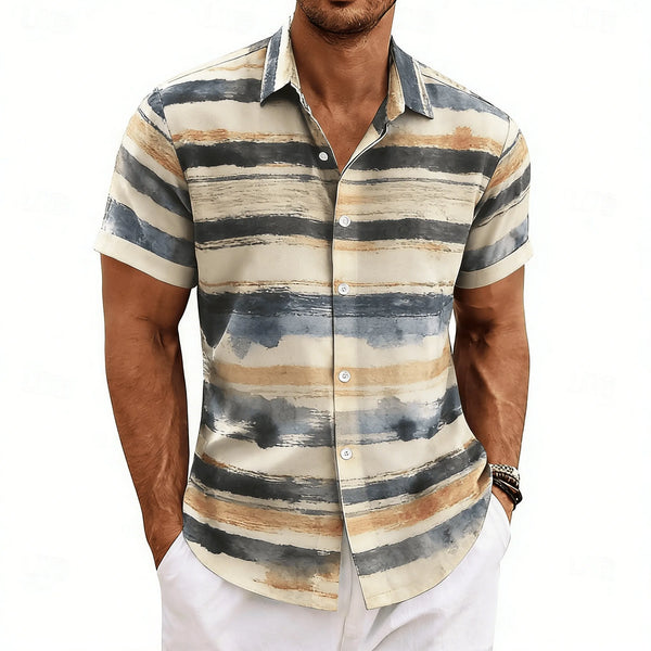 Men's retro-style shirt with bold stripes, chest pocket, and relaxed tailored fit