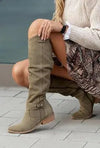 Vintage suede knee-high boots with low square heel and side zipper, perfect for autumn and winter fashion.