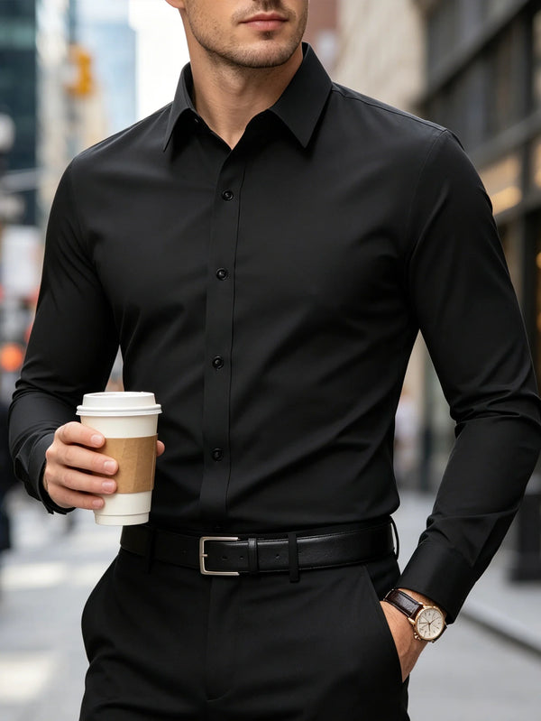 Anti-pilling elastic dress shirt in classic solid color with turn-down collar for professional men's wear