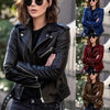 Chic slim-fit biker's leather jacket for women in premium PU leather, perfect for autumn and winter fashion.