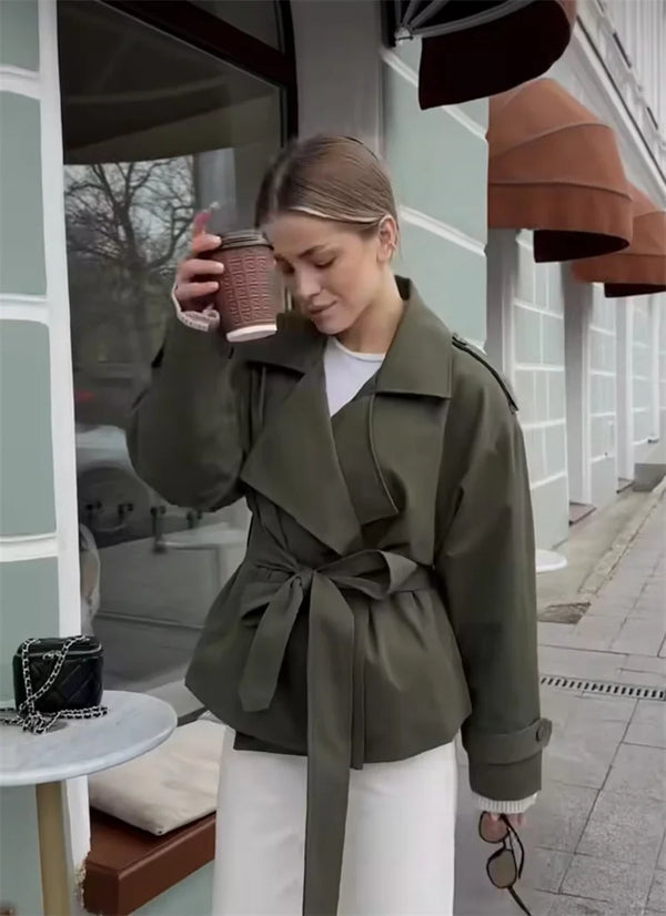Women's belted trench coat with structured double-breasted design