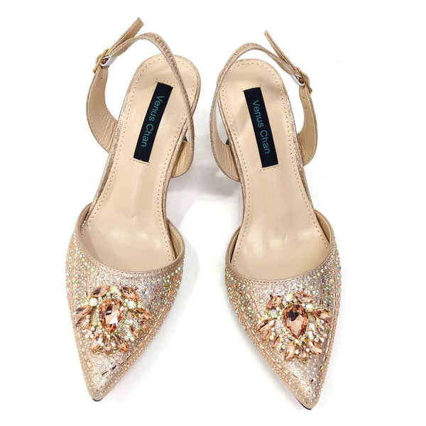 Elegant crystal-detailed sandals with comfortable high heel construction