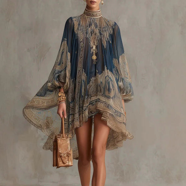 Season-to-season mini dress with elegant drape and whimsical asymmetric cut