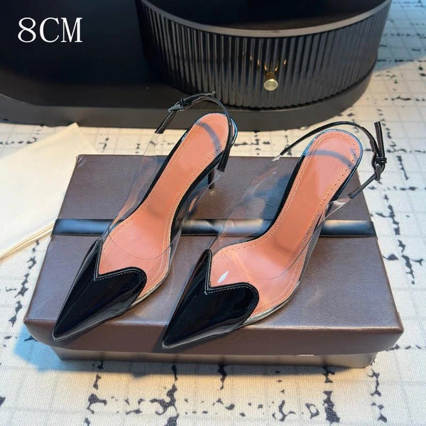 See-through stiletto pumps with pointed toe and patent trim