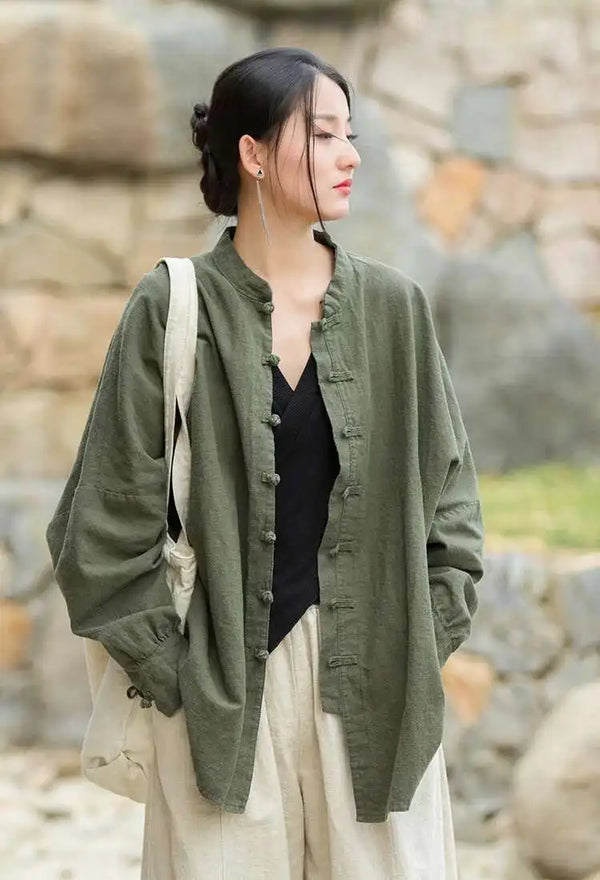 Modern women's coat with stand collar in airy cotton linen fabric