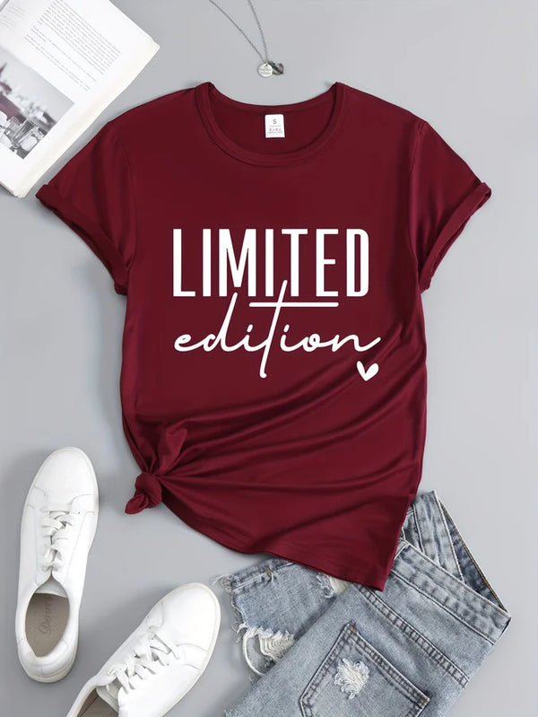 Black round neck tee with statement letter graphics for casual wear