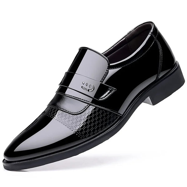 Close-up of rubber outsole on black leather Oxford shoes.