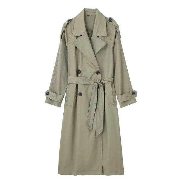 Timeless x-long trench coat showing sophisticated drape and elegant construction