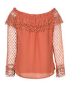 Off-shoulder lace frill hem blouse for women, featuring guipure lace and breathable polyester, perfect for casual wear.