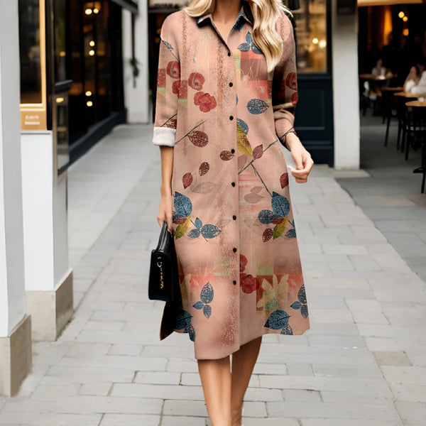 Long sleeve floral shirt dress with tailored collar and versatile styling