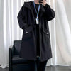 Stylish men's mid-length trench coat with hood, big pockets, and windproof features, perfect for autumn and spring wear.