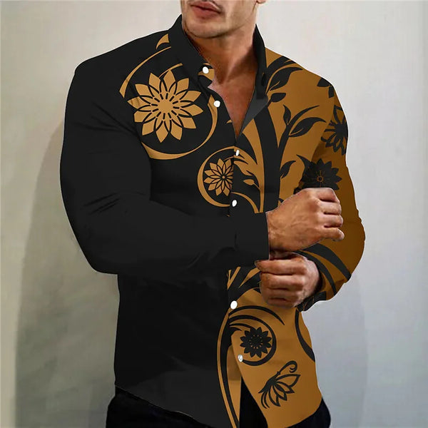Stylish men's casual silk blend shirt in slim fit with turn-down collar and eye-catching 3D print for modern fashion.