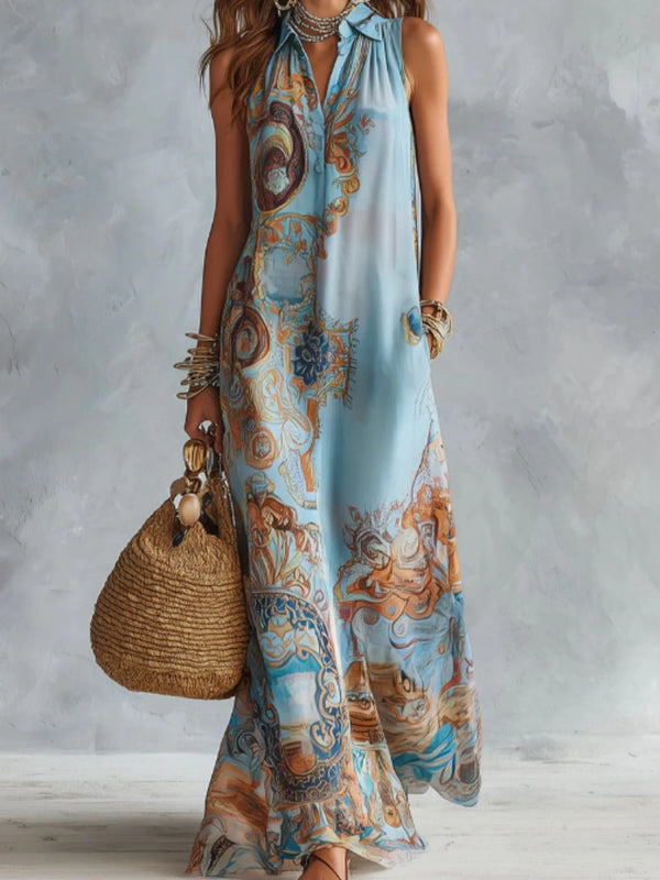 Sleeveless lapel dress in vintage print with loose comfortable fit for all-day wear