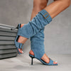 Stiletto denim and suede mid-calf sandal boots with open toe and buckle detail