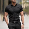 Back view of professional stretch dress shirt showing modern slim fit cut