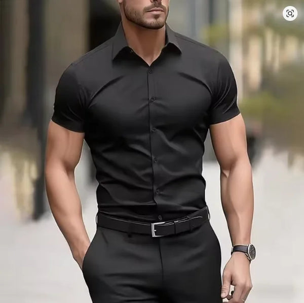 Back view of professional stretch dress shirt showing modern slim fit cut