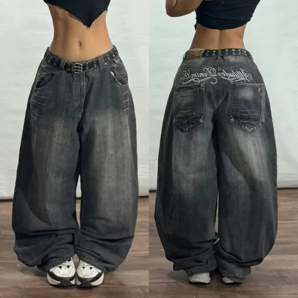 Versatile wide-leg jeans with artistic designs for any occasion.