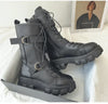 Chic mid-calf motorcycle boots for women, featuring lace-up closure, non-slip outsole, and stylish PU leather design.