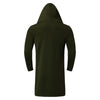 Men's hooded fleece-lined winter trench coat in black, featuring a mandarin collar and open stitch closure for easy layering.