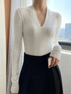 Elegant V-Neck Women's Blouse with Long Sleeves in solid color, perfect for casual and office wear, made from cotton-polyeste