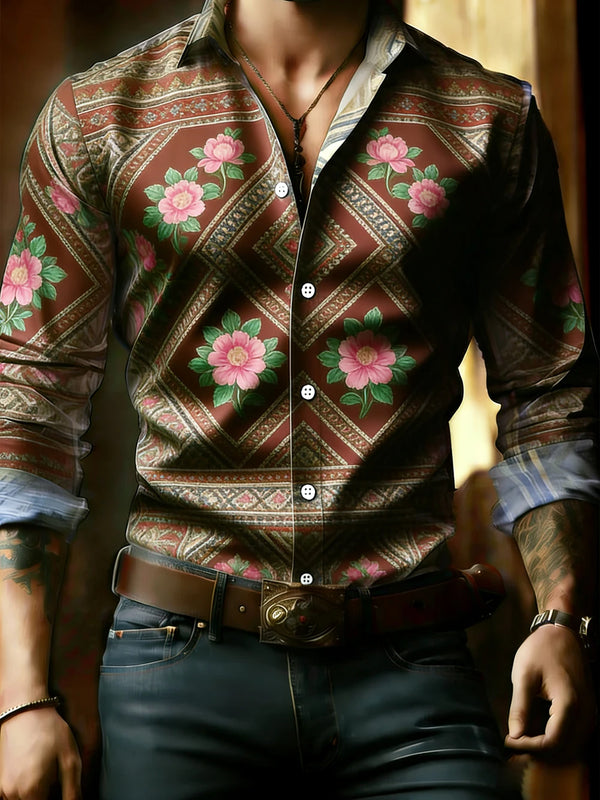 Elegant white shirt with adventure-inspired totem print for modern men.