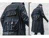Men's black long trench coat with multi pockets, gothic punk design, perfect for autumn and spring streetwear fashion.