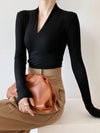 Elegant V-Neck Women's Blouse with Long Sleeves in solid color, perfect for casual and office wear, made from cotton-polyeste