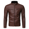 Sleek men's faux leather moto jacket with stand collar, perfect for casual and party wear in spring and autumn.