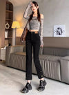 Chic high waist straight leg jeans for women in distressed wash, perfect for casual outings and office wear.
