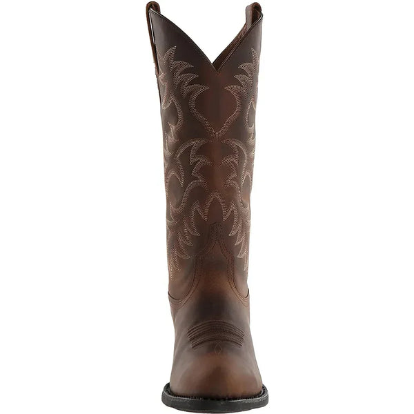 Brown leather cowboy boots featuring artisan hand-stitched embroidery and mid-calf height