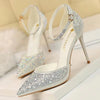 Formal rhinestone stiletto pumps with buckle closure for bridal and evening wear