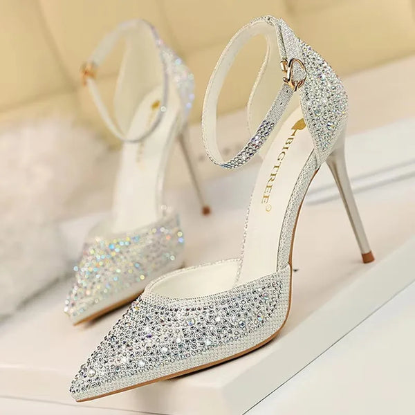 Formal rhinestone stiletto pumps with buckle closure for bridal and evening wear