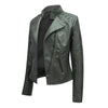 Women's slim fit PU leather motorcycle jacket in black, windproof, stylish, perfect for spring and autumn rides.