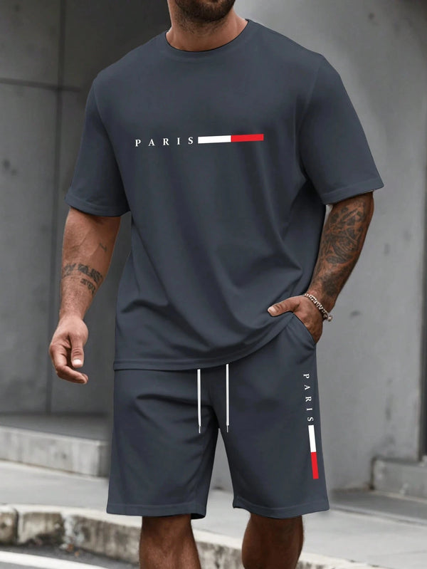 O-neck short sleeve top paired with coordinating drawstring athletic shorts