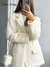 Creamy white mohair blazer with classic turn-down collar and single-breasted button front on white background