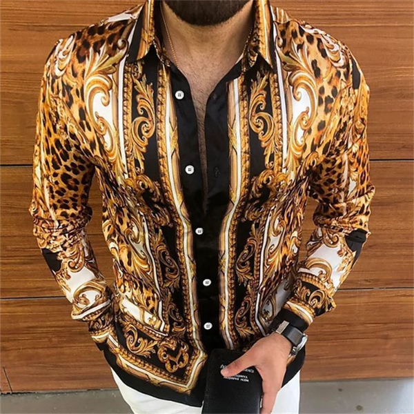 Stylish men's casual silk blend shirt in slim fit with turn-down collar and eye-catching 3D print for modern fashion.